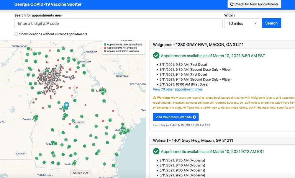 A screenshot from Nick Muerdter's Georgia Vaccine Spotter. 