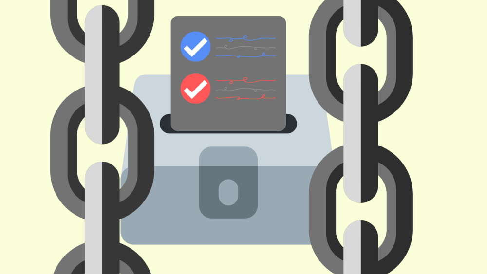 An illustration of a ballot box in chains.