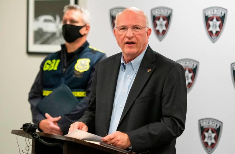 Bibb County Sheriff David Davis and a GBI agent answer questions after a Bibb County sheriff’s deputy was stabbed to death early Tuesday by an apparently handcuffed inmate at the county jail. 