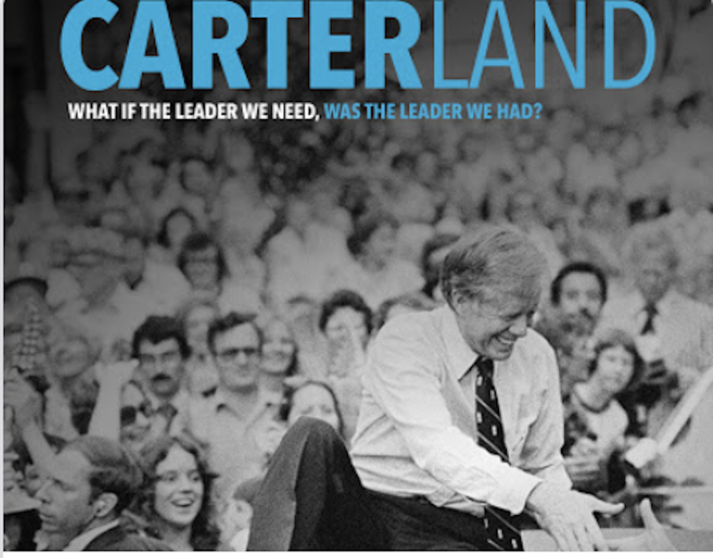 Former President Jimmy Carter riding atop a car in 1979 through Bardstown, KY., shown in the trailer poster for the documentary film Carterland, produced and directed by Jim and Will Pattiz. 