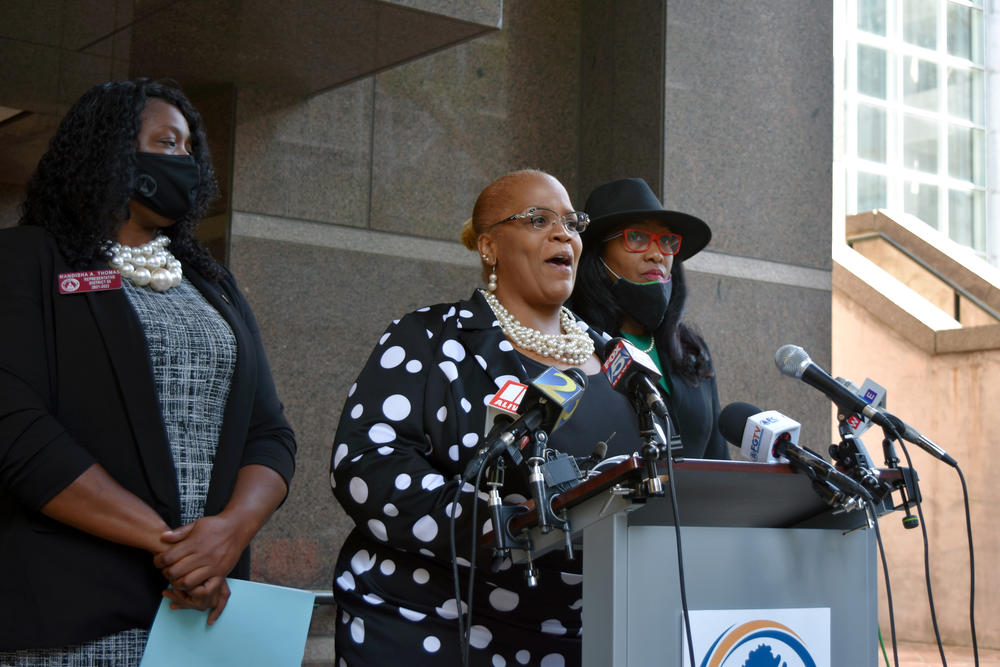 Fulton County Commissioner Khadijah Abdur-Rahman speaks at a press conference against Georgia's new voting law.