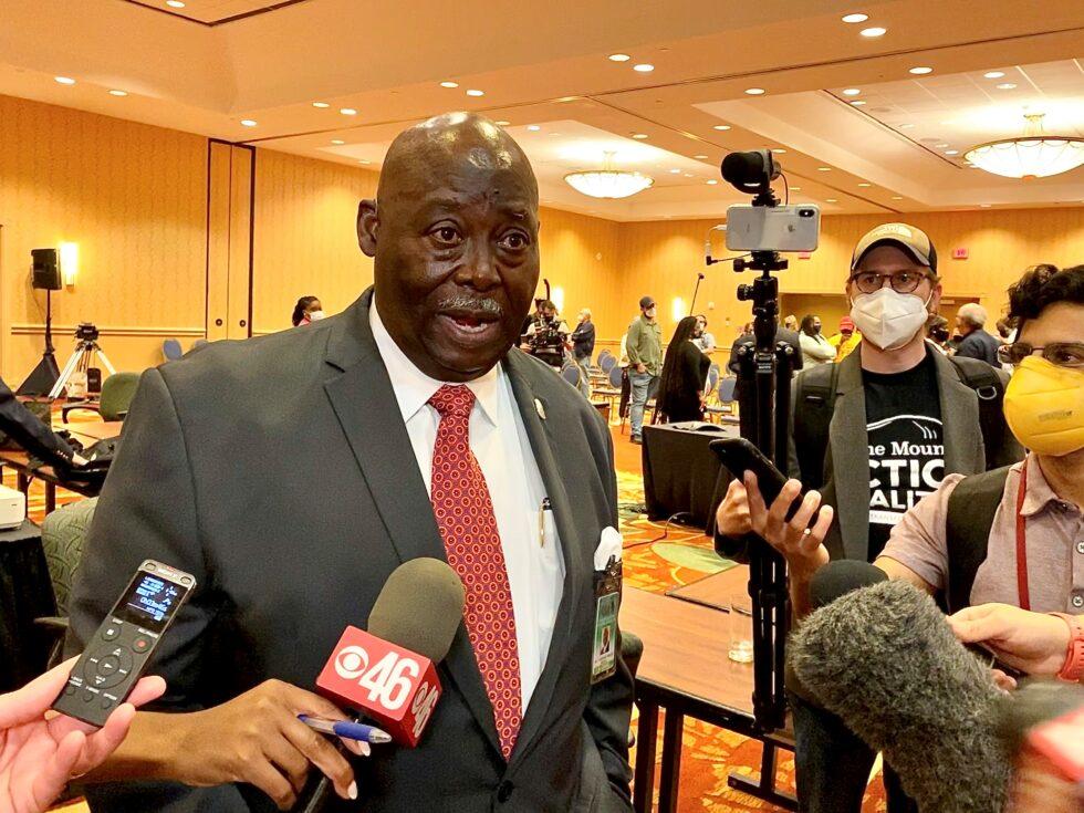Rev. Abraham Mosley, chairman of the Stone Mountain Memorial Association, discusses proposals for a new exhibit on the park’s Confederal carving and relocating Confederate flags after a meeting on April 26, 2021.