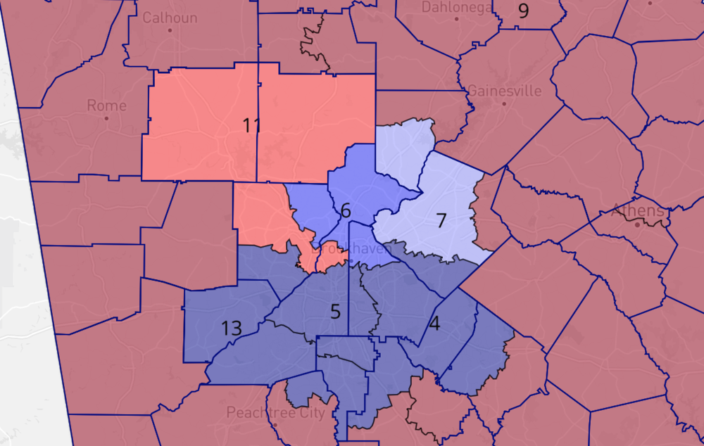 A map showing the political leanings of Georgia's Congressional districts around Metro Atlanta.