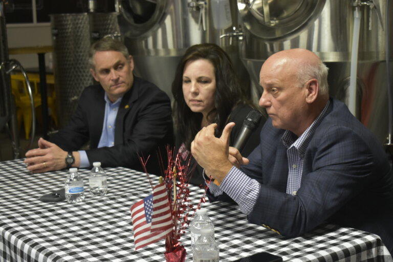 From left, state Reps. Ed Setzler, Ginny Ehrhart and Sen. Brandon Beach discuss proposed new cities this week at a meeting of the Cobb County Young Republicans at Schoolhouse Brewery in Marietta. 