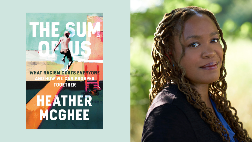 An illustration of author Heather McGhee and the cover of her book, The Sum Of Us.