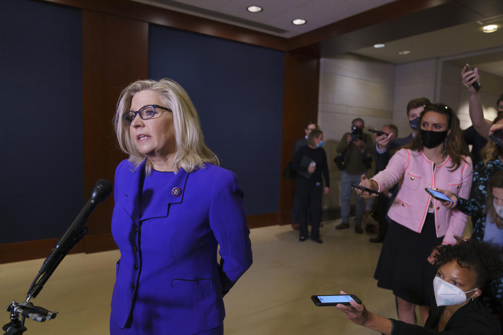 Rep. Liz Cheney, R-Wyo., speaks to reporters after House Republicans voted to oust her from her leadership post as chair of the House Republican Conference.