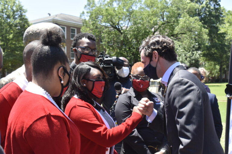Sen. Jon Ossoff speaks with Atlanta HBCU students after delivering remarks at Clark Atlanta University May 7.