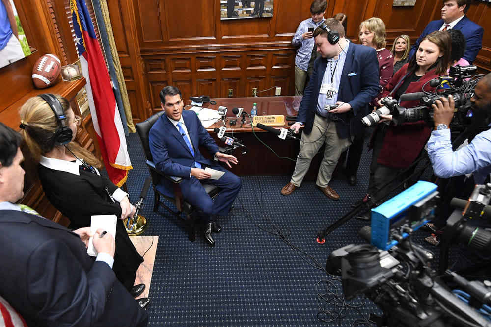 Georgia Lt. Gov. Geoff Duncan speaks to the media while seated in his office during the opening day of the year for the general session of the state legislature, Monday, Jan. 13, 2020, in Atlanta.