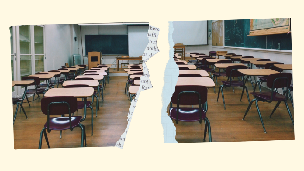 A photo of a classroom torn in half.