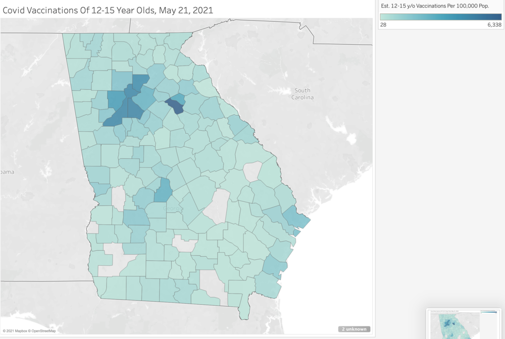 The geography of COVID-19 vaccinations among adolescents so far, according to data from the Georgia Department of Public Health. 