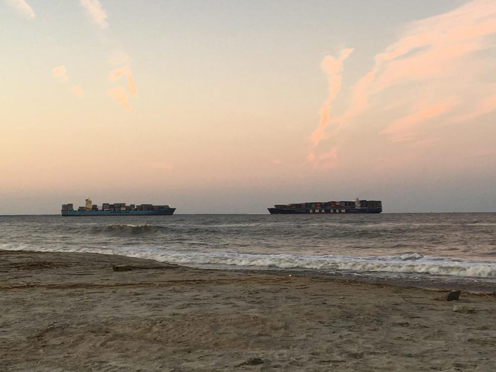 Freighters moving to and from the Port of Savannah meet along the channel off Tybee Island's North Beach. Water quality is tested there weekly. 