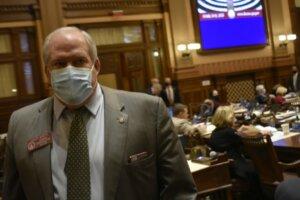 State Rep. Chuck Martin, an Alpharetta Republican, is pushing a bill that would allow more electric vehicle manufacturers to sell directly to consumers in Georgia, as Tesla has done for years. Here he is seen during the legislative session in March, when the state’s auto dealers succeeded in stalling his bill.