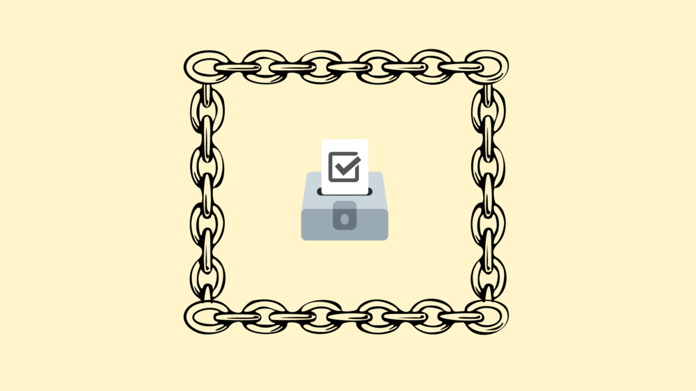 An illustration of a ballot box behind chains.