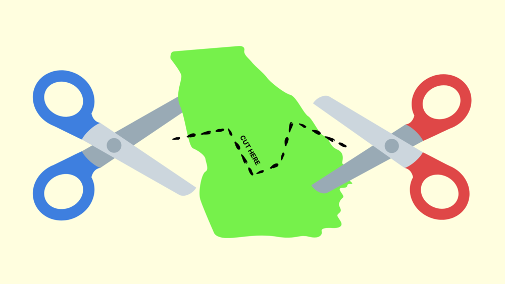 An illustration of two scissors, blue and red, bisecting Georgia.
