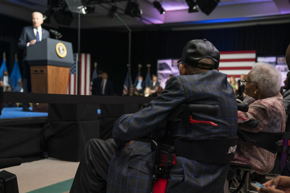 The oldest living survivor of the Tulsa race massacre Viola Fletcher listens as President Joe Biden speaks to commemorate the 100th anniversary of the Tulsa race massacre, at the Greenwood Cultural Center, Tuesday, June 1, 2021, in Tulsa, Okla.