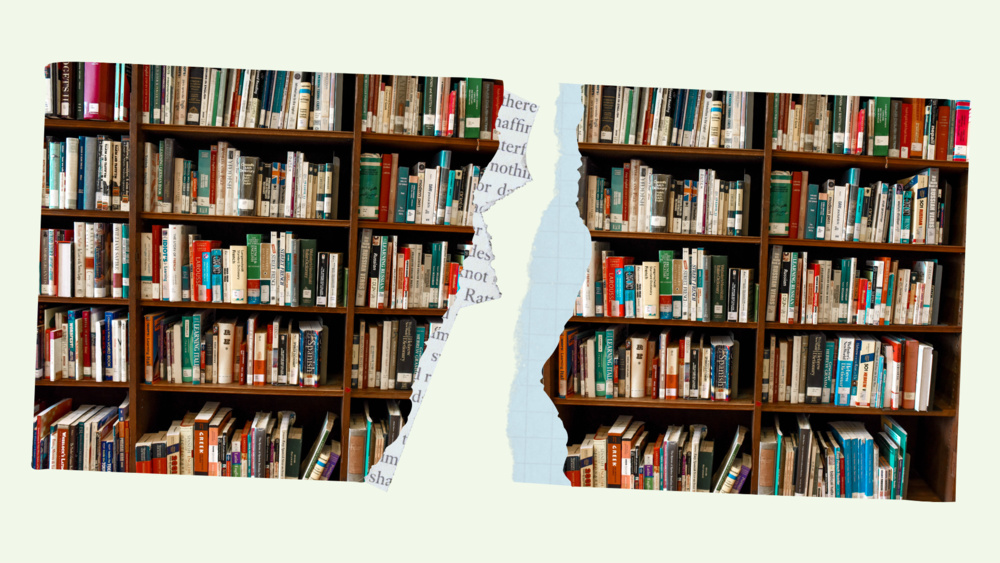 An illustration of a photo of books being torn.