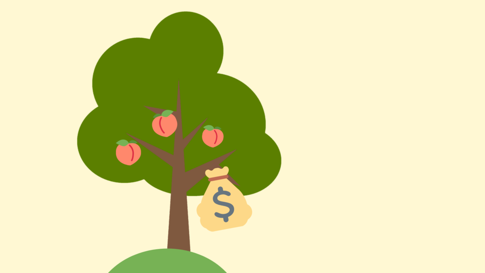 An illustration of a peachtree with a moneybag in it.