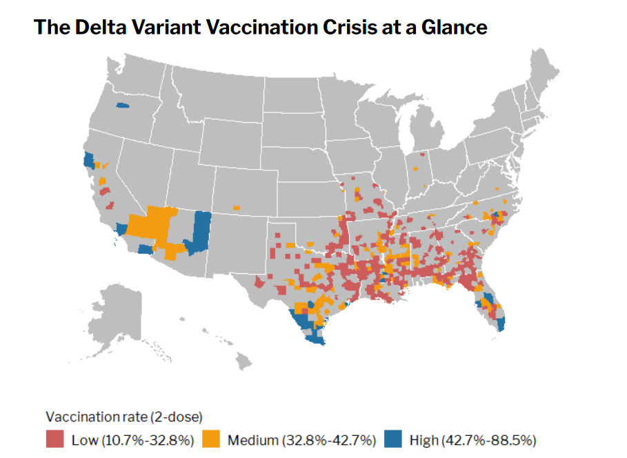 Map of the United States with delta variant coronavirus cases highlighted