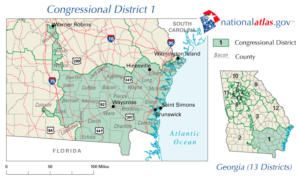 Georgia’s 1st Congressional District as it was from 2002 to 2005. A little finger reaches out from the main body of the district to Saxby Chambliss’ home in Colquitt County. 