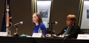  Georgia Sen. Sally Harrell, left, and Helen Butler, director of Georgia Coalition for the Peoples’ Agenda, testify Monday about the need for new federal voting rights standards following sweeping Republican legislation. The two spoke before the U.S. Senate Rules Committee at its first field meeting in 20 years.