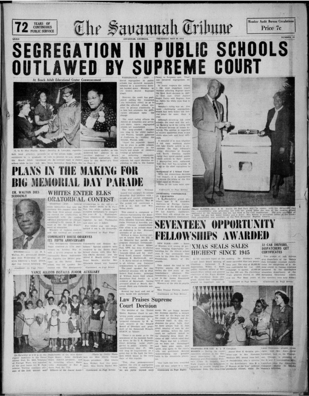 Savannah Tribune front page announcing the Supreme Court decision outlawing school segregation