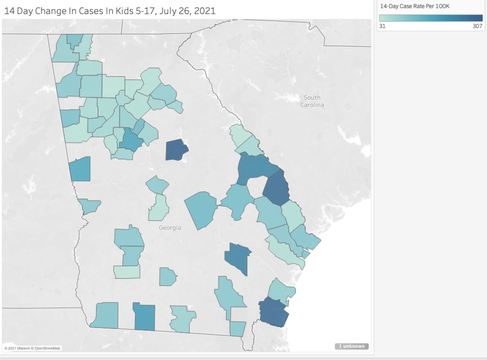 A map of Georgia counties where COVID rates among kids 5-17 have risen in the last two weeks. DATA: Georgia DPH