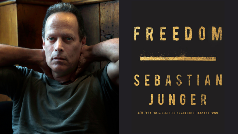 Author Sebastian Junger next to a cover of his book.
