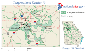 The 13th Congressional District in Georgia, sometimes called the “dead cat on the expressway district,” as it was from 2003 to 2005. 