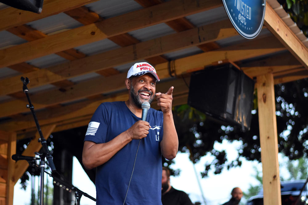 Republican gubernatorial candidate Vernon Jones rallies supporters at a bar on Lake Lanier July 14, 2021.