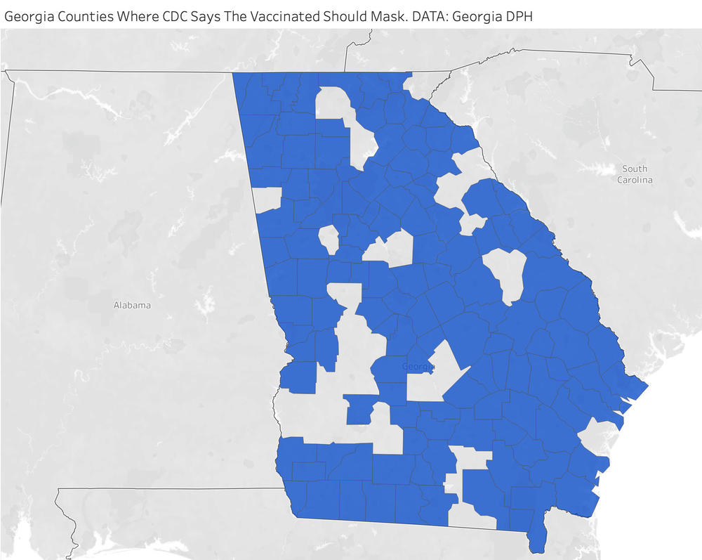 138 out of 159 Georgia counties currently fall under CDC guidance saying even the vaccinated should mask indoors. 