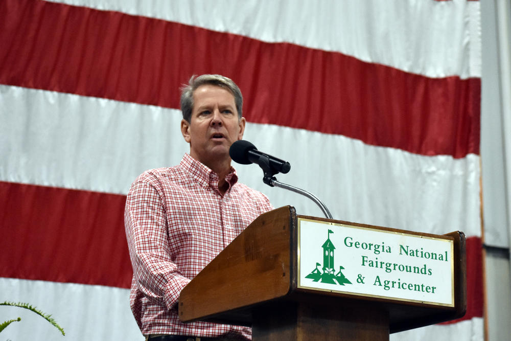 Gov. Brian Kemp speaks at the 8th District GOP Fish Fry in Perry Saturday, Aug. 28, 2021.