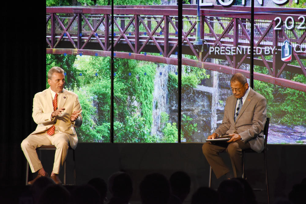 Rep. Buddy Carter (R-Pooler) and Rep. Sanford Bishop (D-Albany) discuss infrastructure needs at a Georgia Chamber of Commerce event Tuesday, August 10, 2021.