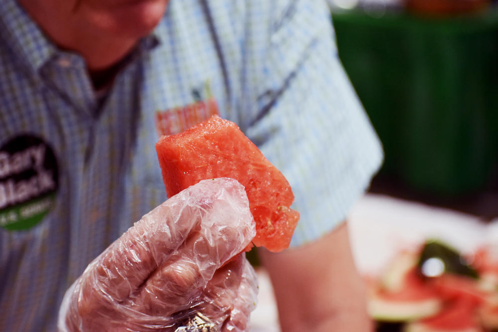 Agriculture Commissioner and U.S. Senate candidate Gary Black holds up a piece of watermelon cut into the shape of Georgia.