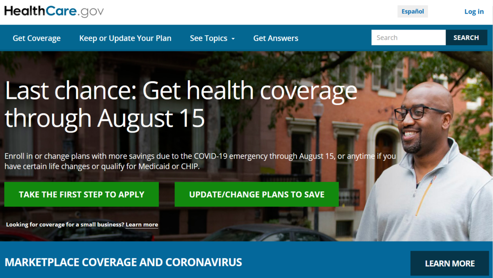 screenshot of healthcare.gov website