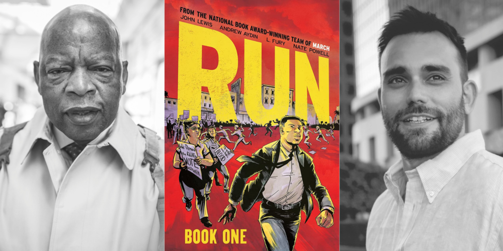 Headshots of John Lewis and Andrew Aydin and the cover of Run.