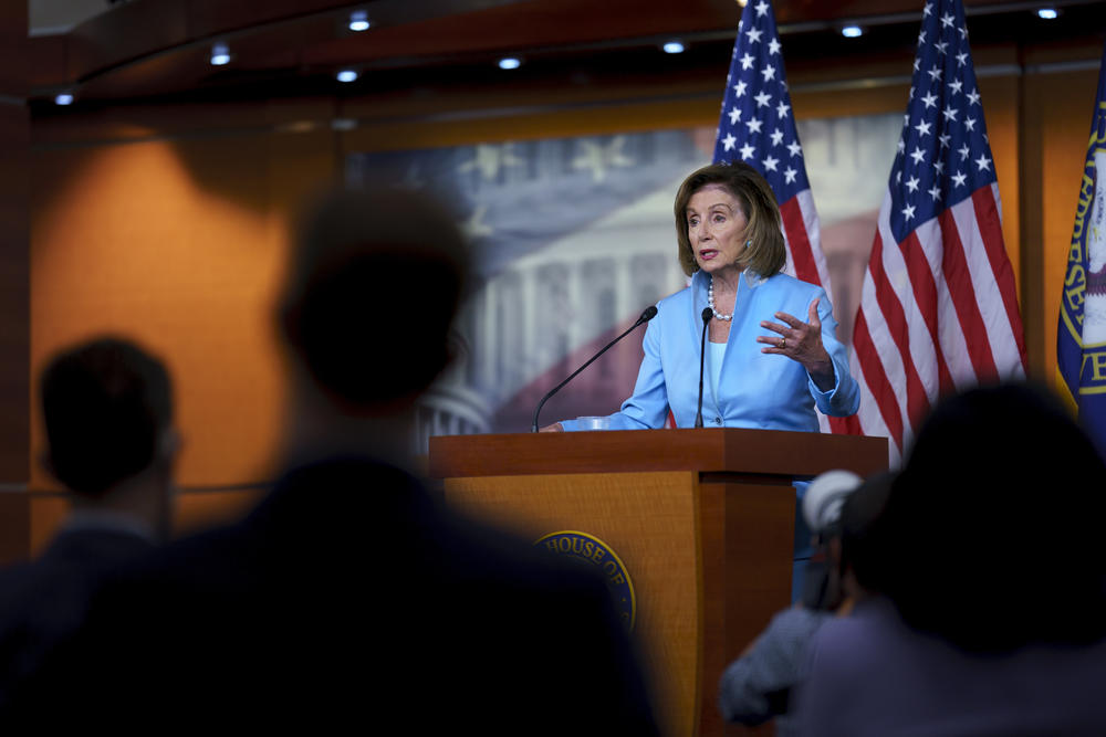 Speaker of the House Nancy Pelosi, D-Calif., meets with reporters at the Capitol in Washington, Friday, Aug. 6, 2021. 