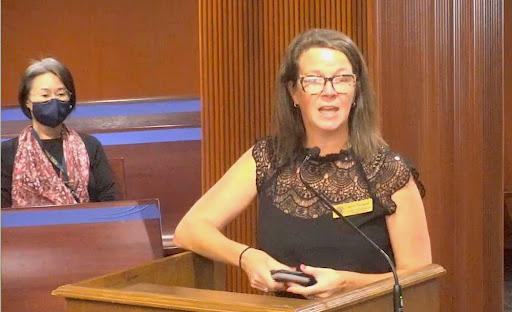 Grace Kim, director of policy and legislative services for the Georgia School Board Association, (left) and Kerry Pritchard, manager of External Affairs for the Georgia Department of Education, speak at Thursday’s committee meeting. 