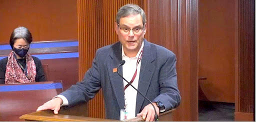 Grace Kim (left) and Joe Fleming, chief lobbyist for the Georgia Association of Educators, speaking at Thursday’s committee meeting.