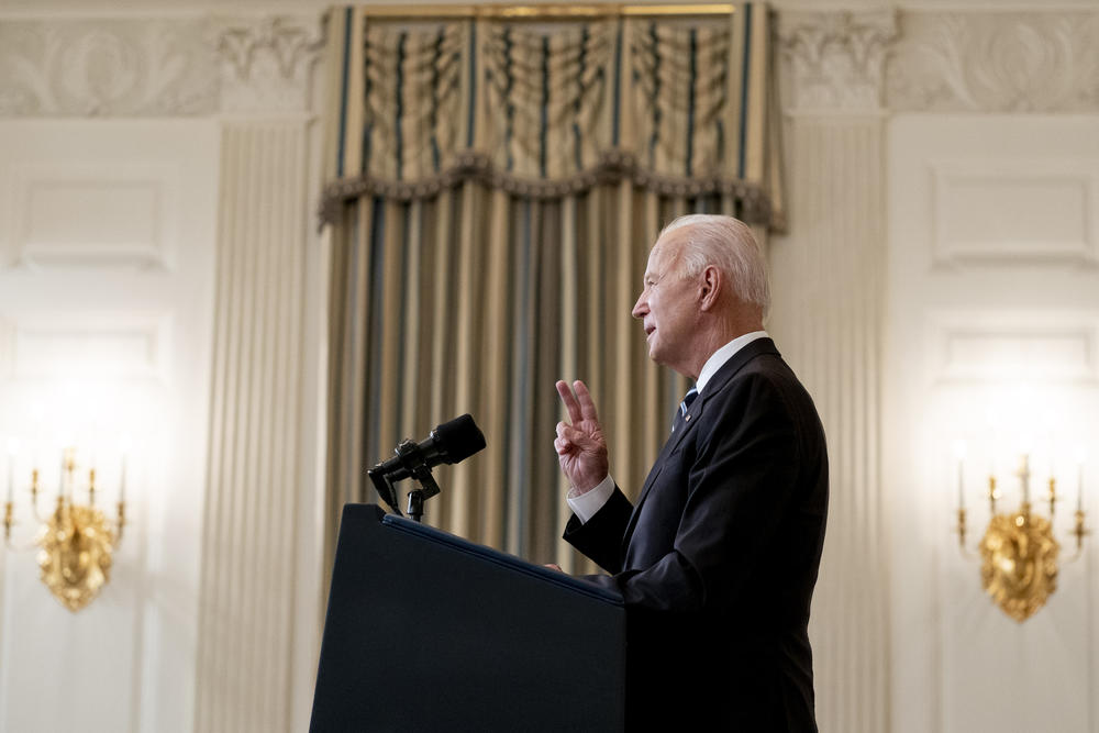 President Joe Biden speaks in the State Dining Room at the White House, Thursday, Sept. 9, 2021, in Washington.
