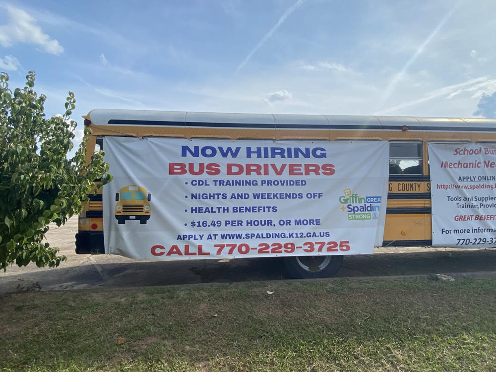 Even when precautions are taken, the fears surrounding covid have worsened a nationwide shortage of school bus drivers. This bus was parked along a highway in Griffin, Georgia.
