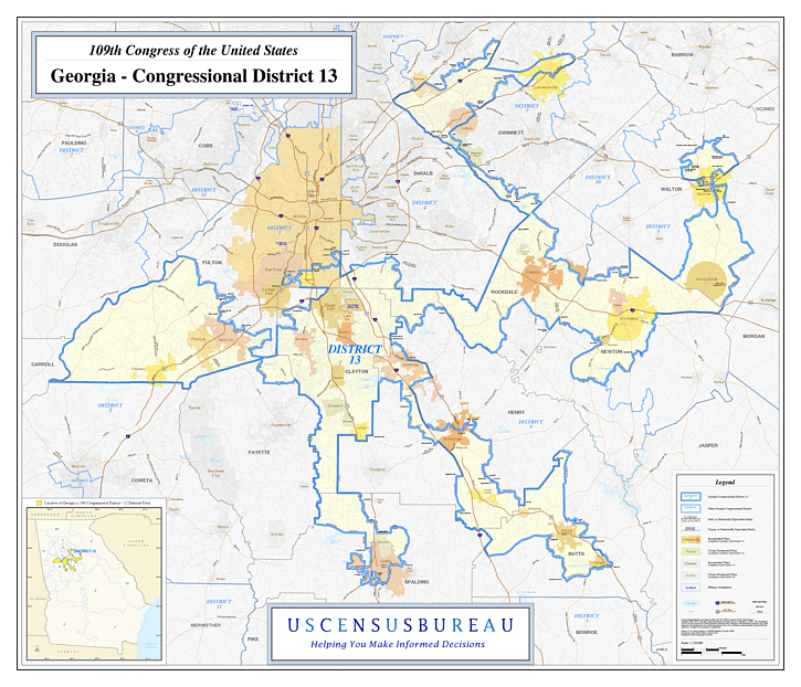 The 13th Congressional District in Georgia, known as the "dead cat" district, gerrymandered together multiple communities across metro Atlanta.