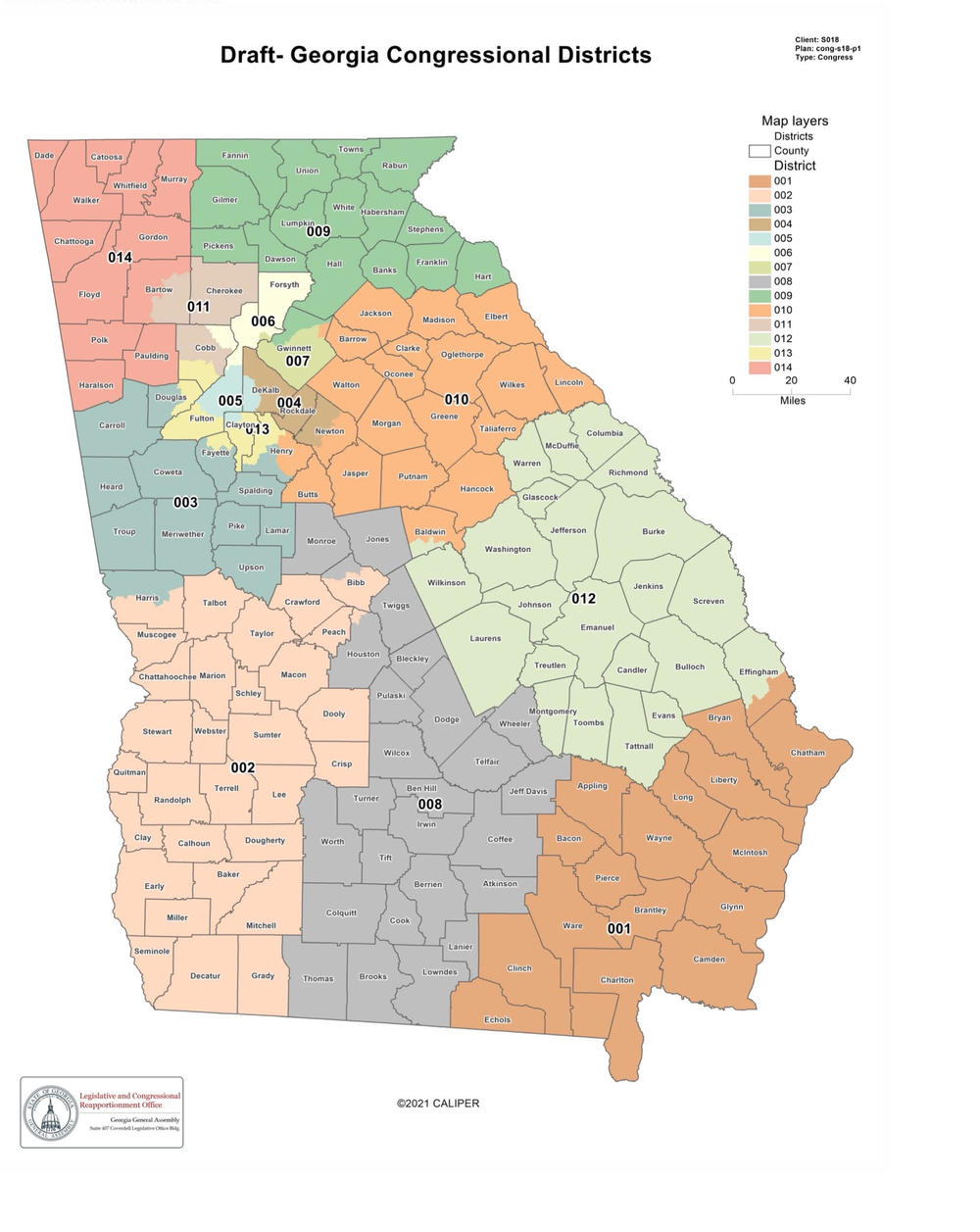 A draft map of Georgia's 14 congressional districts was released by Lt. Gov. Geoff Duncan Monday, Sept. 27, 2021.