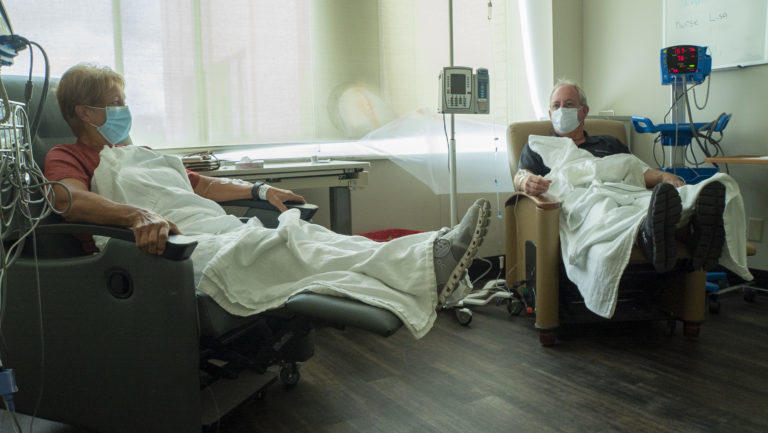 Clayton and Marsha Powell receiving monoclonal antibody infusion treatments at Phoebe North.