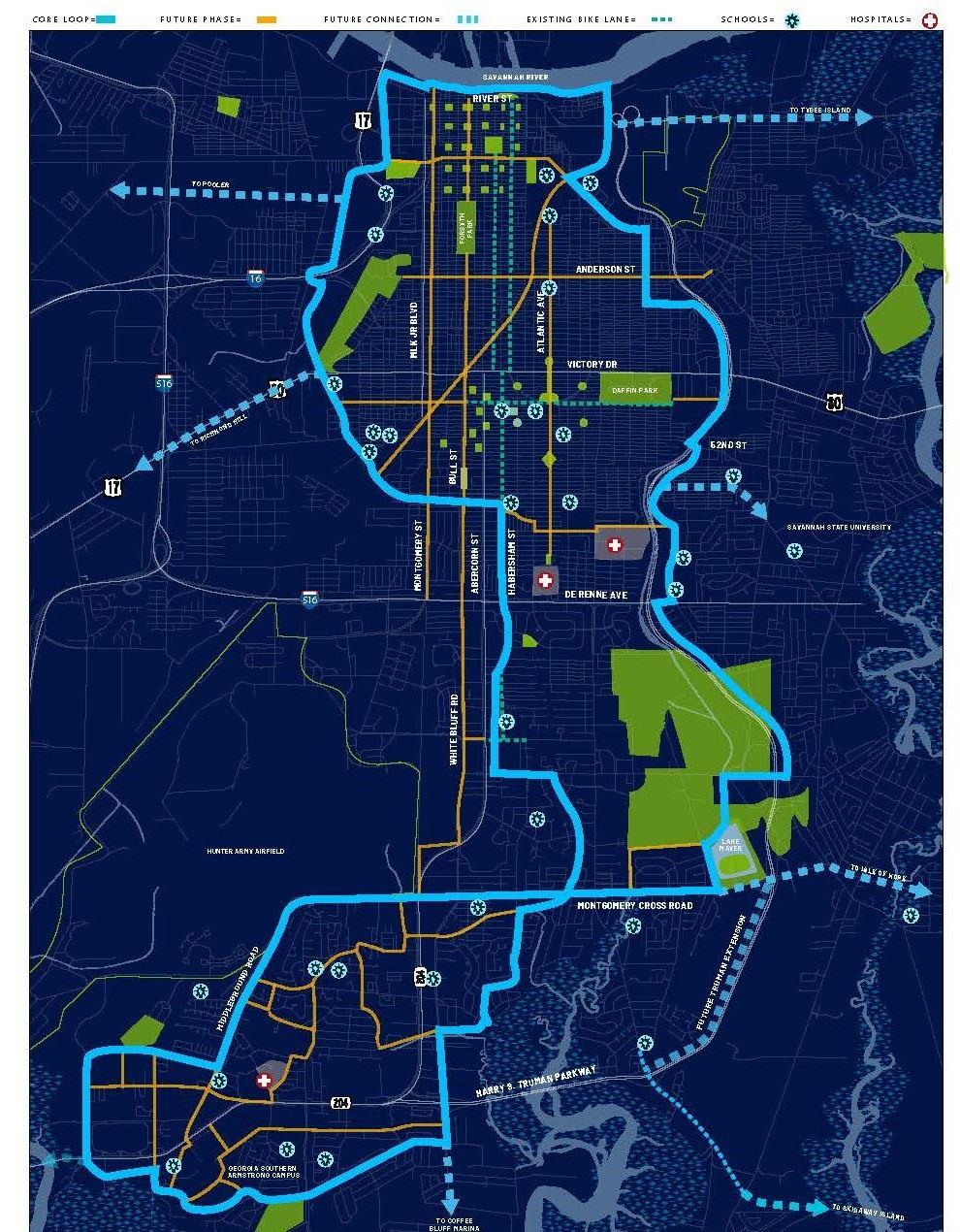The map shows the eventual route for Tide to Town, planned to connect 75% of Savannah’s neighborhoods.