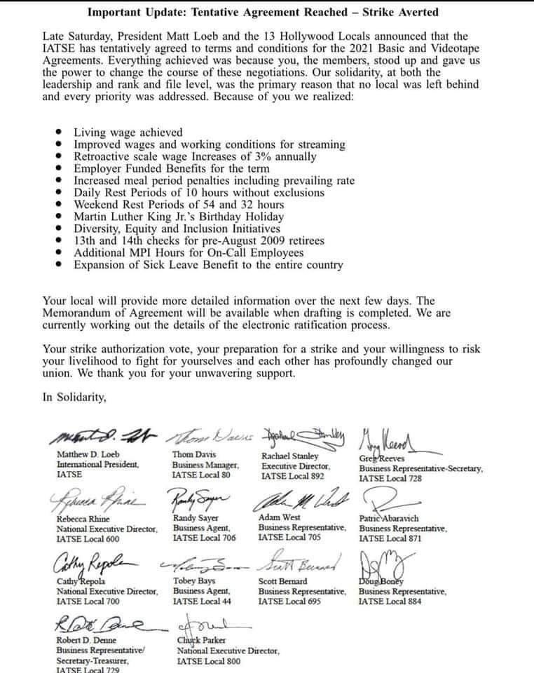 A tentative agreement summary provided by IATSE leaders – which they say has averted a potential work strike.