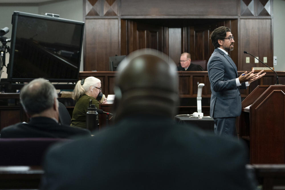 Prosecutor Paul Camarillo questions a potential juror during slow-going jury selection this week in Glynn County Superior Court. It’s a challenging effort to find  impartial jurors in the trial of the three men charged with chasing and killing Ahmaud Arbery in February 2020.