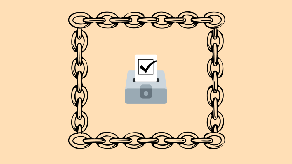 An illustration of a ballot box protected by chains.