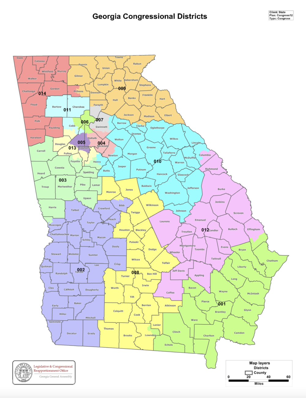 Georgia's current 14 congressional district. State Republicans may alter current districts to strengthen their power over the next decade. source Georgia General Assembly. 