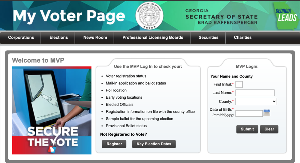 Georgia's My Voter Page allows voters to check voter registration status, register to vote, check key election dates and more.