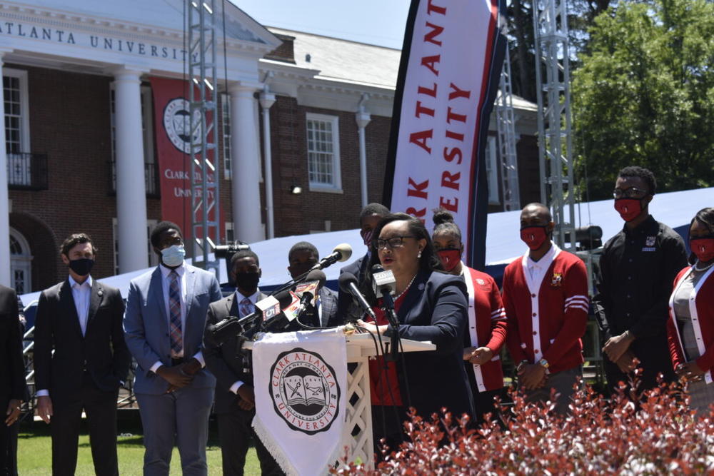  U.S. Rep. Nikema Williams speaks at Clark Atlanta University in May. Williams and other Georgia Democrats are pushing to boost the funding for historically Black colleges in the infrastructure bill working through Congress.
